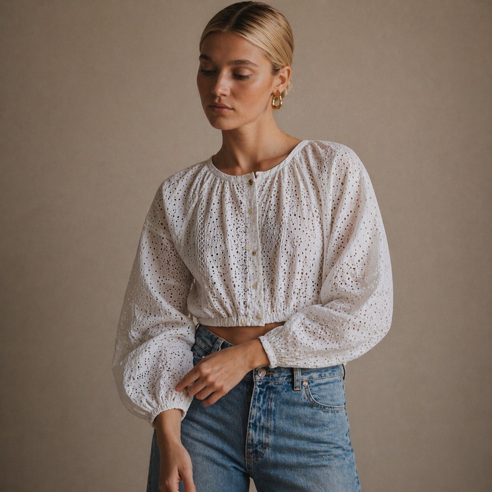 J.Crew Linen Eyelet Crop Top White Button Front Sz M